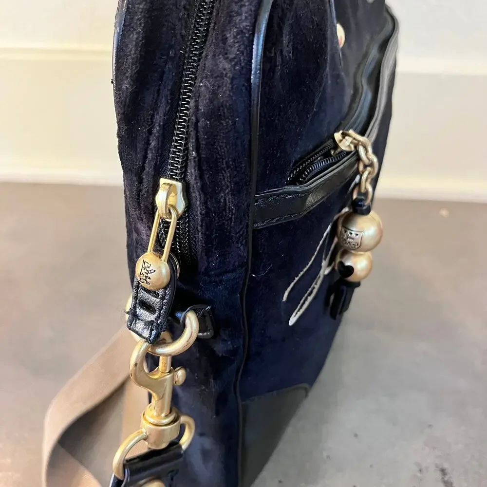 Juicy Couture Black velvet beige detail strap computer laptop messenger bag